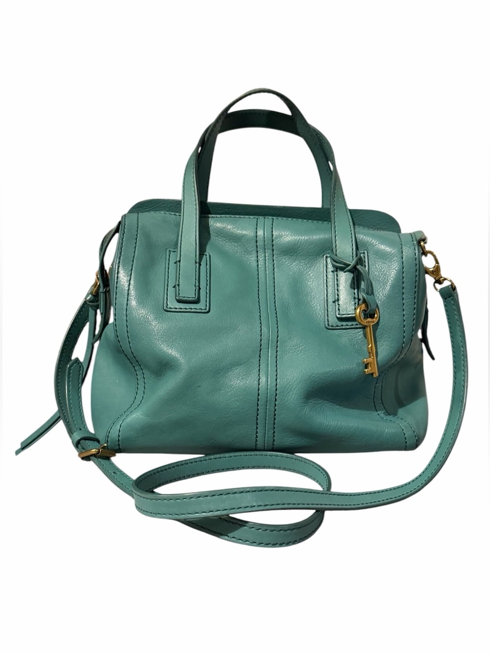 Fossil Emma Leather Satchel Crossbody Strap Teal Green Excellent Condition
